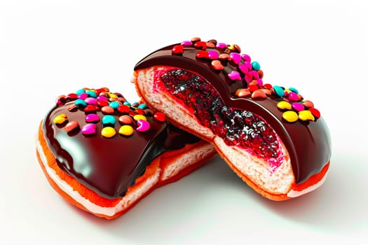 Two heart-shaped donuts, one sliced to show raspberry filling, covered in rich chocolate and colorful sprinkles. A delightful treat for special moments.