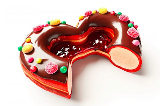 Two heart-shaped donuts, both sliced to reveal red currant jam filling, covered in glossy chocolate with colorful sprinkles. A delightful treat for special moments.
