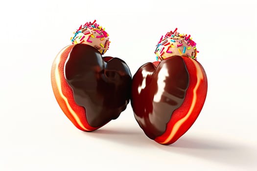 Two heart-shaped donuts stacked together, coated in glossy brown chocolate and adorned with vibrant sprinkles. The light reflects off the chocolate, adding to their visual appeal. Ideal for special occasions like Valentine's Day, Fat Thursday, or any sweet gathering.