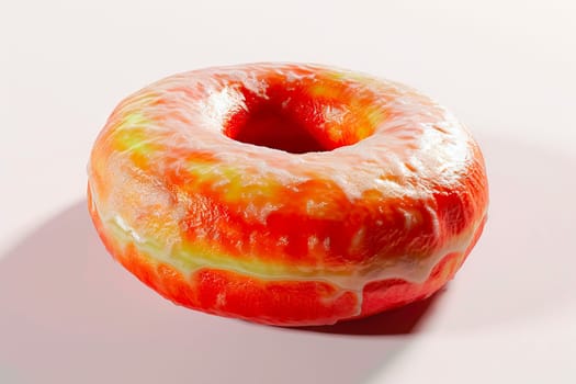 A freshly fried, round doughnut with a slightly flattened shape and a central hole, topped with a light glaze. The doughnut displays a beautifully golden-brown top and bottom, with a lighter stripe of dough around the side, revealing its perfectly fried texture.