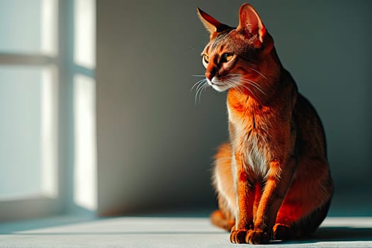 A smoothed, light and dark brown cat with hints of orange and white fur sits by a window in a minimalist room. The cat is illuminated by soft light, gazing out the window.