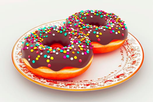Two round, slightly flattened doughnuts with a central hole rest on an elaborately decorated plate. Each doughnut is generously coated in a rich brown chocolate glaze, topped with vibrant sprinkles that reflect the light.
