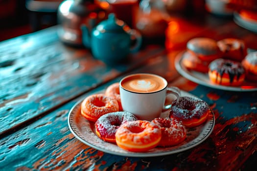 A warm café scene featuring powdered doughnuts and cappuccino on a rustic wooden table. The inviting ambiance, with its warm tones and soft lighting, creates a cozy atmosphere ideal for sweet indulgence or a relaxing coffee break.