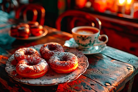 A warm café setting with powdered doughnuts on a wooden table, accompanied by cappuccino cups. The scene is bathed in soft, warm light, ideal for sweet moments and relaxing gatherings. Perfect for Fat Thursday, a romantic date, or a friendly meet-up.