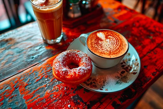Cozy café setting with a sugar-dusted doughnut and cappuccino featuring a heart design, served on a rustic wooden table. The warm ambiance is perfect for a sweet treat or relaxing coffee break.