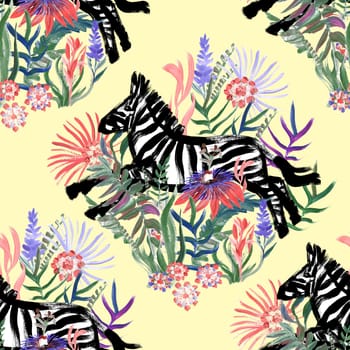 Seamless pattern with gouache painted zebra and tropical flowers for textile design and summer prints
