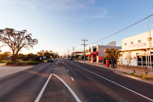 RYE, AUSTRALIA - JUNE 30, 2020: The main street of Rye in the early morning in Mornington Peninsula in Victoria, Australia
