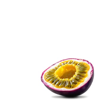 Passion fruit purple and egg shaped sliced in half to reveal vibrant yellow pulp with. Food isolated on transparent background