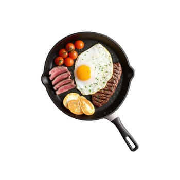 Steak and eggs sliced steak and fried egg in glass skillet A1 dots Food and. Food isolated on transparent background.