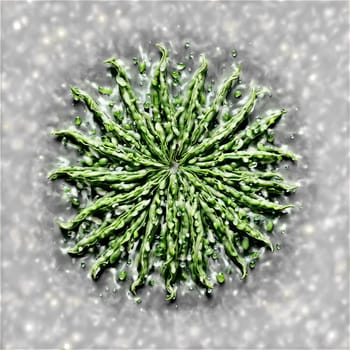 Green beans mandala a slender circular pattern of green beans with steam rising and water. Food isolated on transparent background.