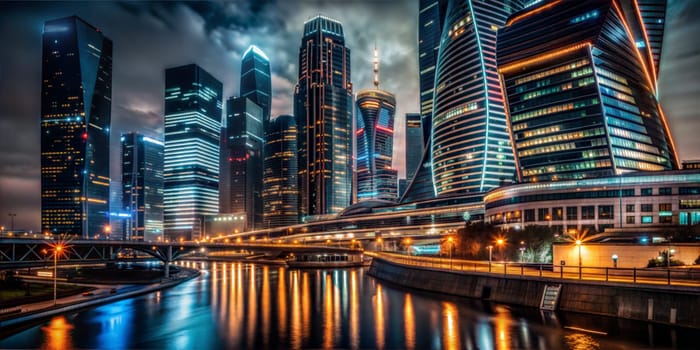 City night view of Moscow City business financial district. Russia. Luxury lifestyle. Ai generated image