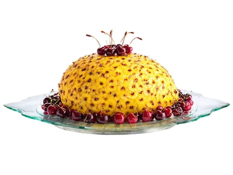 Christmas Eve supper glazed ham with pineapple and cherries served on a transparent glass platter. Food isolated on transparent background.