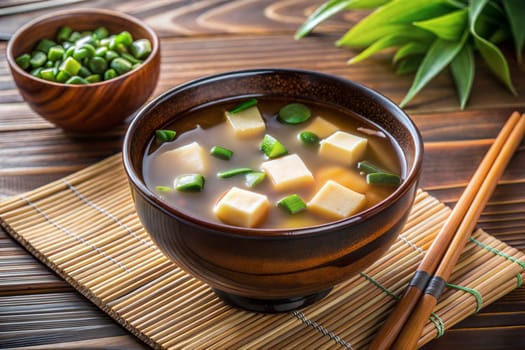 A bowl of miso shiru soup with tofu, green onion, and wakame seaweed on wooden table. Chopsticks. Ai generated image