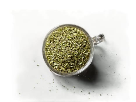 Oregano Tea Earthy oregano tea in a sleek glass with oregano leaves and a fragrant. Drink isolated on transparent background.