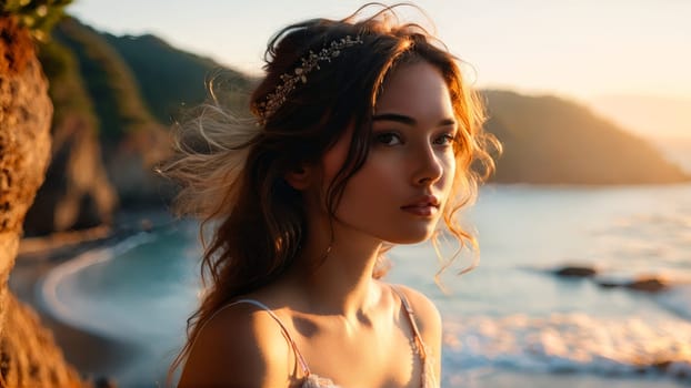 Sunrise Serenity A model in the serene glow of sunrise her lingerie a soft whisper.
