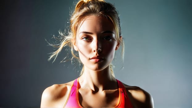 Sports bra vibrant color energetic pose dynamic motion blur bright studio lighting.