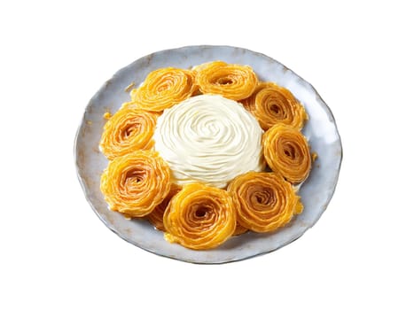 Jalebi with Cream Cheese Crispy jalebis accompanied by a dollop of cream cheese served. Food isolated on transparent background.