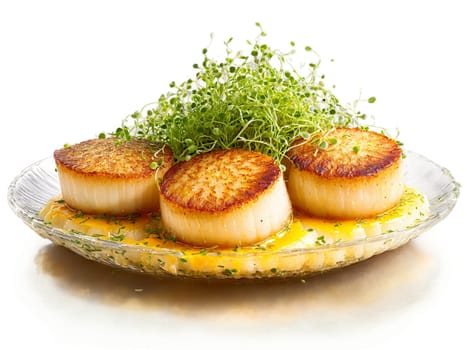 Seared scallops golden crust with a garnish of microgreens on a small transparent glass dish. Food isolated on transparent background.