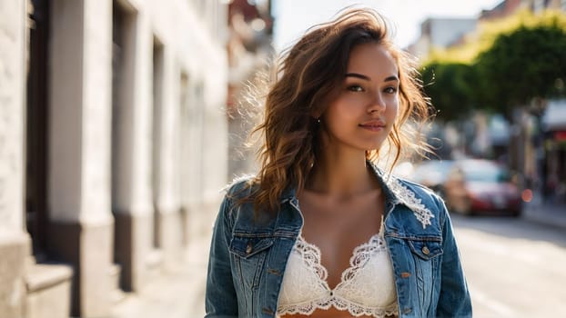 Woman white lace bralette denim jacket casual and chic urban setting natural light street style.