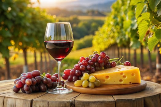 Glass of wine, various grapes and cheese on wooden table on the sunny vineyard background. Winery advertising. Ai generated image