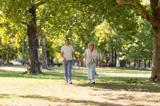 Senior couple enjoying a sunny day out walking in the park together