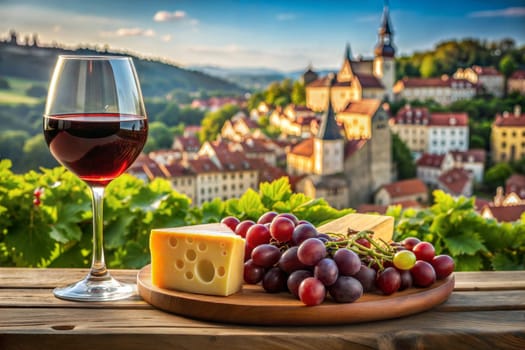 Fresh Grapes And Wine With Cheese On The Background Of An Old European Town. Food photography. Still life. Ai generated image