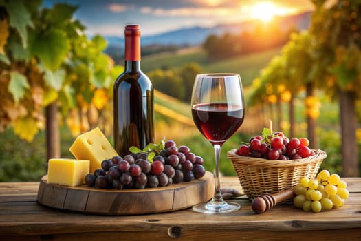 Bottle of red wine and glass of wine, various grapes and cheese on wooden table on the sunny vineyard background. Winery advertising. Ai generated image