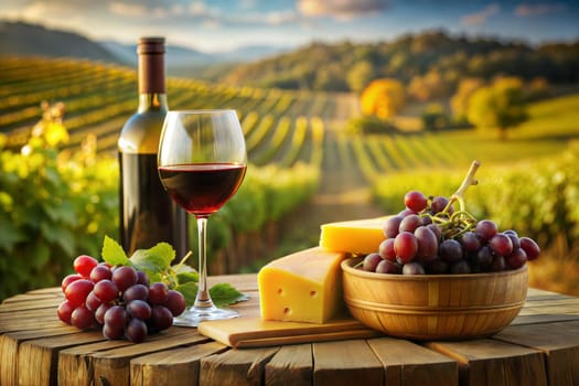 Bottle of red wine and glass of wine, various grapes and cheese on wooden table on the sunny vineyard background. Winery advertising. Ai generated image