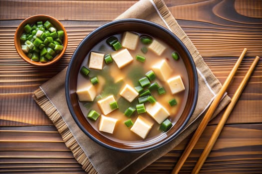 A bowl of miso shiru soup with tofu, green onion, and wakame seaweed on wooden table. Chopsticks.Top view. Ai generated image