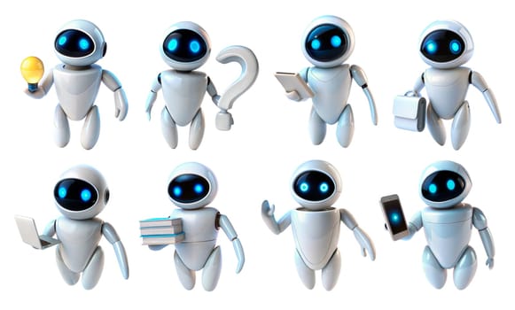 Futuristic Cartoon Set of AI Robots and Digital Brain Concept isolated on white. AI robot bot. Chat, chatbot technology. ai generated image