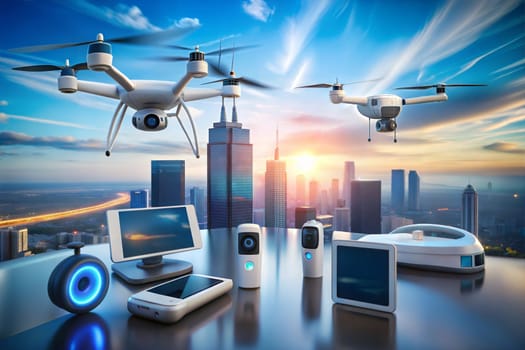 Drones, cameras and futuristic devices for aerial surveillance on the background of skyscrapers. Ai generated image