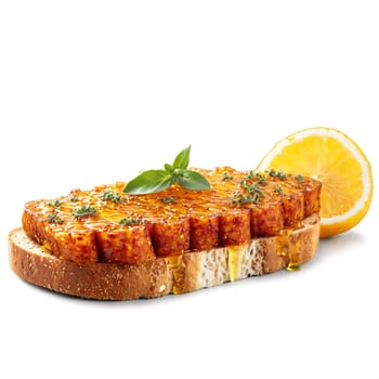 Nduja di Spilinga spread on a slice of grilled bread topped with a drizzle of. Food isolated on transparent background