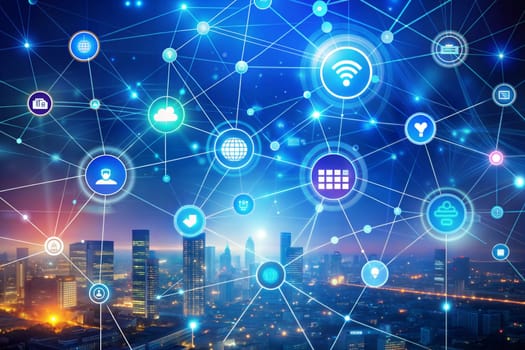 Icons of wifi, internet, communication, travel, computer and kinds of technology for smart city conceptual. Ai generated image
