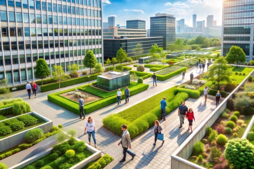 Urban Oasis: Rooftop Garden Office with people. Concept of urban greening. Ai generated image