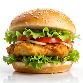 Delicious chicken burger, double burger with crispy chicken meat, salad, tomatoes and onion isolated on white background. Ai generated image