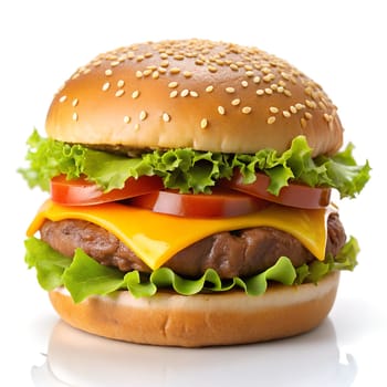 Delicious burger, double burger with meat, salad, cheddar and sauce isolated on white background. Ai generated image
