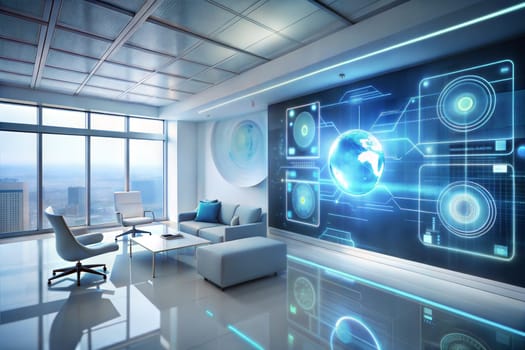 Futuristic office technology with big virtual holographic screen. Ai generated image