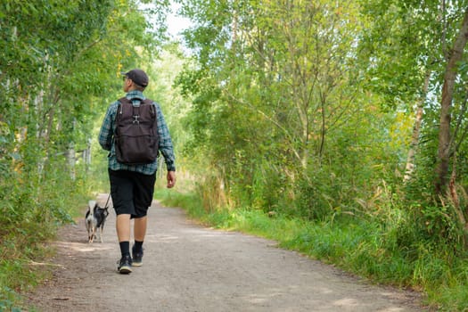 A man walks in the park with a Black and tan Japanese Shiba Inu breed, a friendship of human and dog, pet walking with the owner in the park in Finland, Europe