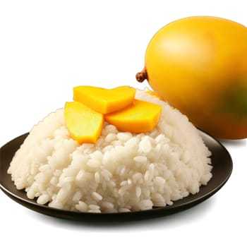 Mango sticky rice sweet coconut rice mound with golden mango slices fanned isolated on transparent. Food isolated on transparent background.
