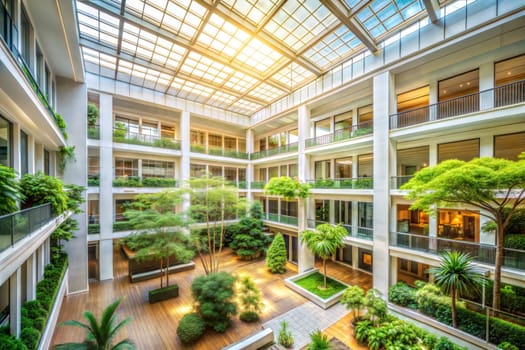 Internal open air, guest room, modernist atrium with plants. Hotel or business center open space hall. ai generated image