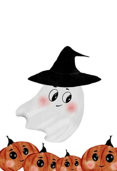 Halloween cute. Hand drawn kawaii ghost and cartoon pumpkins. Clip art of the face of a typical little monster isolated on a white background. Ideal for decorating invitations and cards for Halloween. High quality illustration