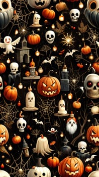 A vibrant collection of Halloween decorations showcases carved pumpkins, playful ghosts, bats, and glowing lights, creating a joyful autumn ambiance perfect for the holiday season.