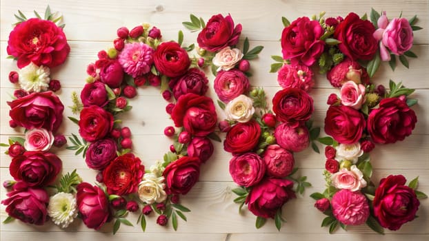 Word love made of red peonies. Ai generated image