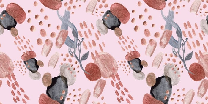 Seamless abstract pattern with gouache painted geometric shapes ovals and dots for textile design and autumn prints