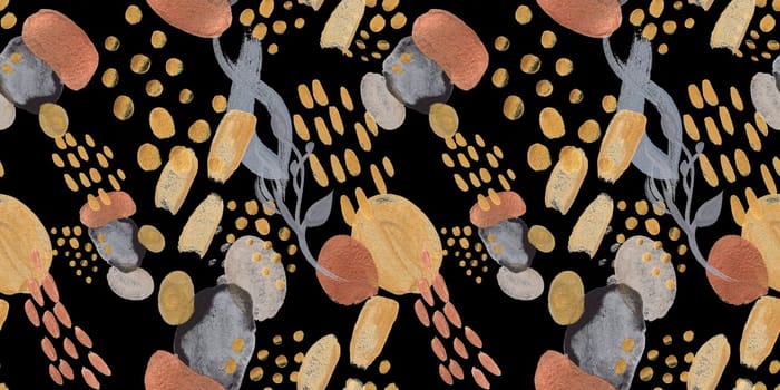 Seamless abstract pattern with gouache painted geometric shapes ovals and dots for textile design and autumn prints