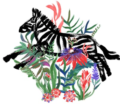 Illustration with gouache painted zebra and tropical flowers isolater on white