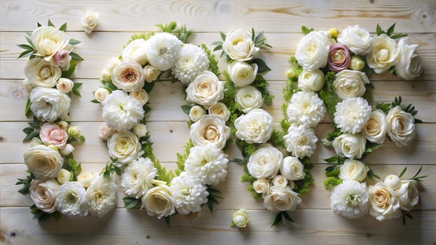 Word love made of white flowers. Ai generated image