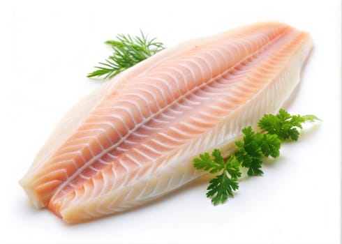 Raw frozen tilapia fish or sea bass fillet with parsley isolated on a white background. Ai generated image