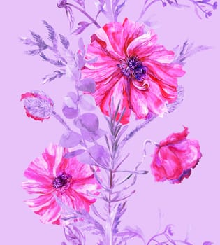Vertical floral seamless border with pink poppy flowers on a lilac background. Botanical decor for photo wallpaper and wall decor