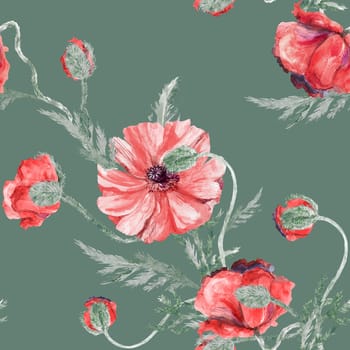Seamless botanical watercolor pattern with poppies on a white background. Vintage summer print for textile and surface design